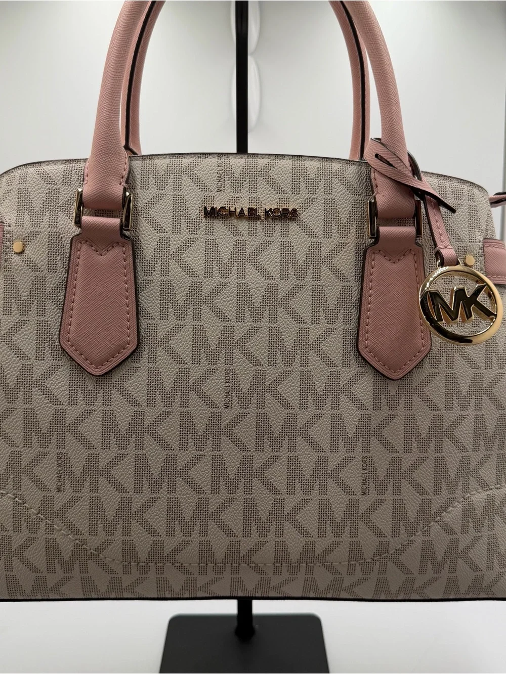 Michael Kors Lynn Large East West Signature Satchel with Dusty Pink Trim NWT